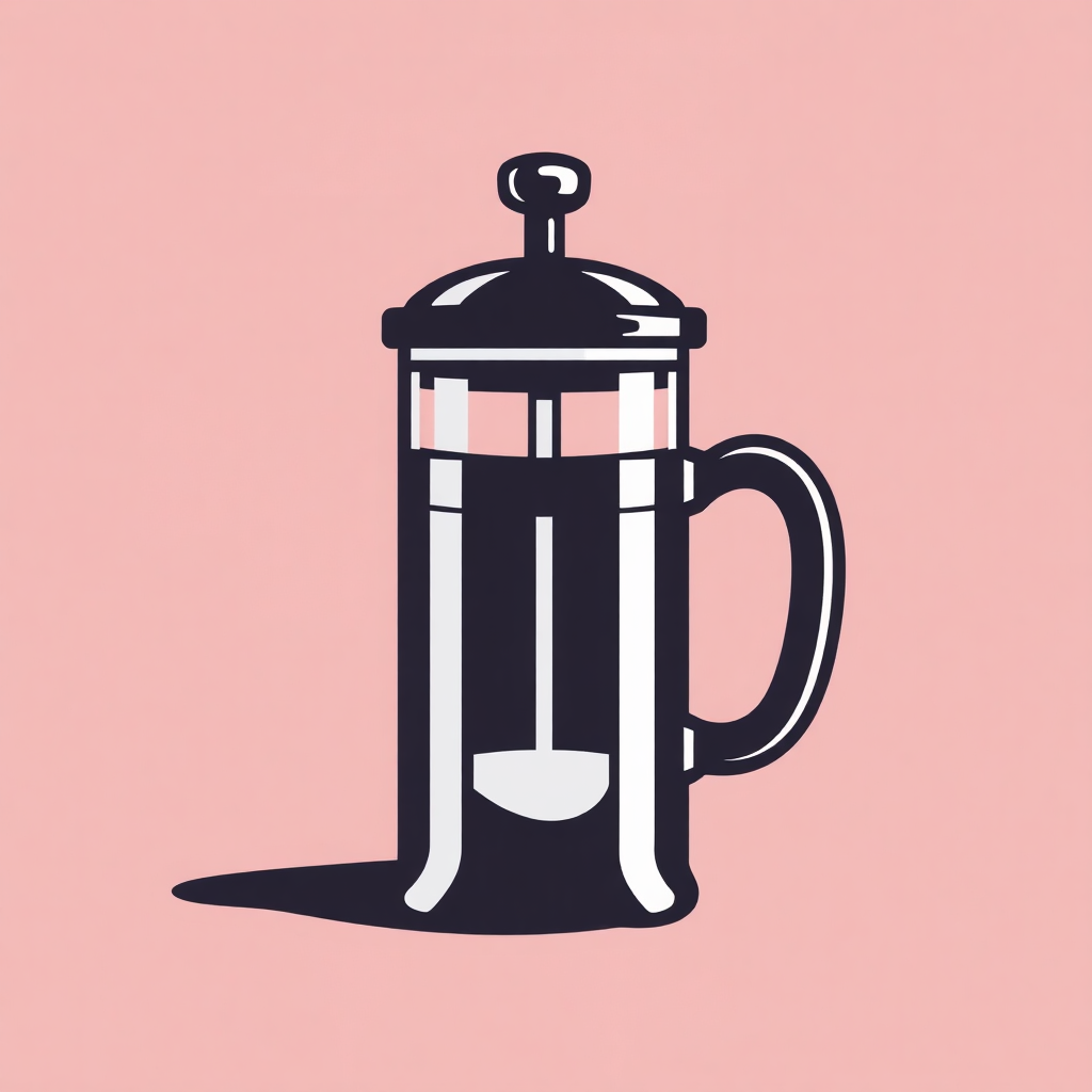 The image is a black and white illustration of a french press coffee maker. The french press is made of glass and has a handle on the right side and a spout on the left side. It has a lid with a handle and a handlebar on top. The lid has a small knob on top for adjusting the temperature. The background is a light pink color. The illustration is simple and minimalistic, with no additional details or shading.