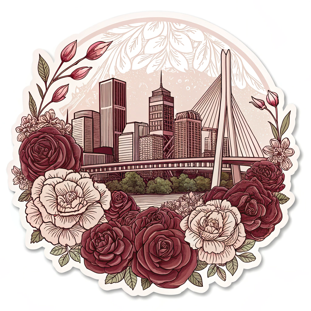 Rose Petal Skyline Panorama: A panoramic sticker where the individual buildings of the Portland skyline are subtly formed or accented by textures resembling rose petals. The overall shape is the skyline, but the details are floral. Perhaps the Tilikum Crossing bridge's cables are depicted as rose stems.