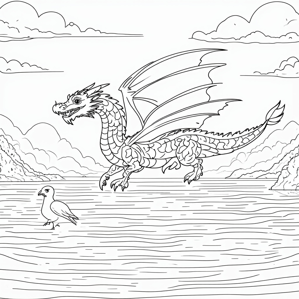 A dragon flying over a crystal-clear lake, with its reflection visible in the water below. The dragon's elongated body is adorned with swirling patterns, and it has long, elegant wings that shimmer in the sunlight. Birds fly alongside, adding movement to the serene scene.