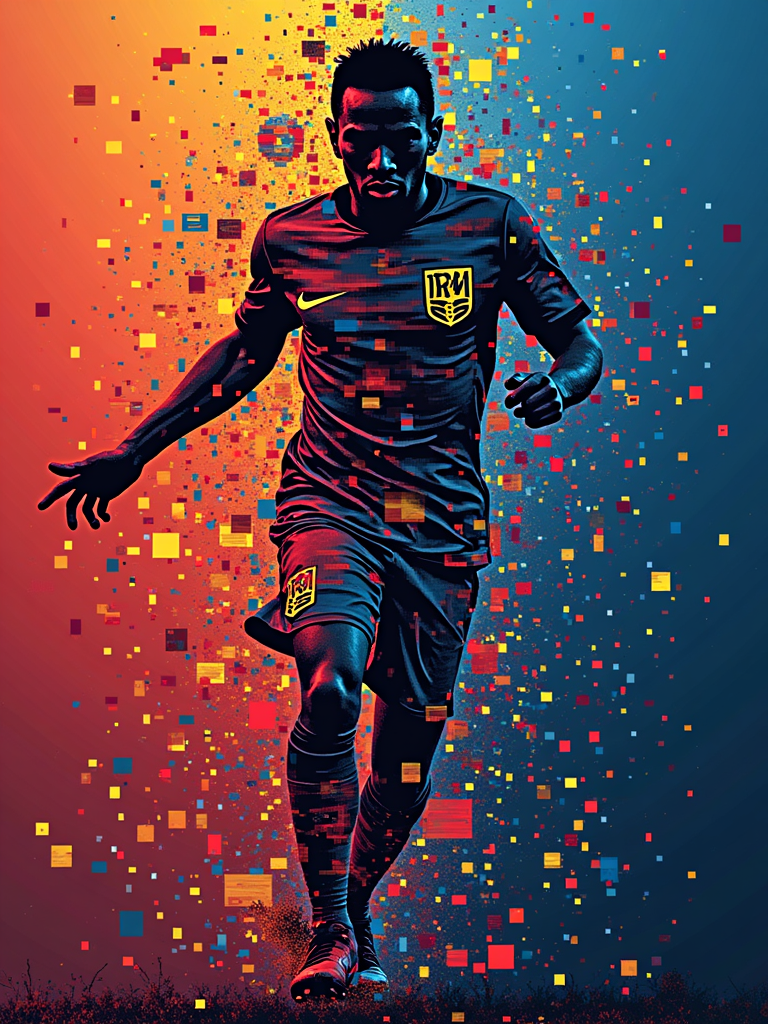 An abstract representation of club colors using pixelated patterns or glitch art effects that merge and transition, symbolizing the digital age of football and the dynamic fusion of global teams. Could feature player numbers or team initials subtly within the glitch.
