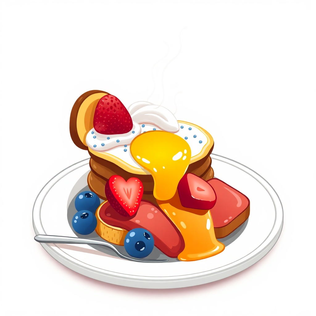 The image is a digital illustration of a stack of pancakes on a white plate. The pancakes are golden brown and appear to be freshly made. On top of the pancakes, there is a dollop of whipped cream and a drizzle of orange syrup. There are also a few slices of strawberry and blueberries scattered around the plate. A spoon is resting on the plate, ready to be used to eat the pancakes. The background is plain white.