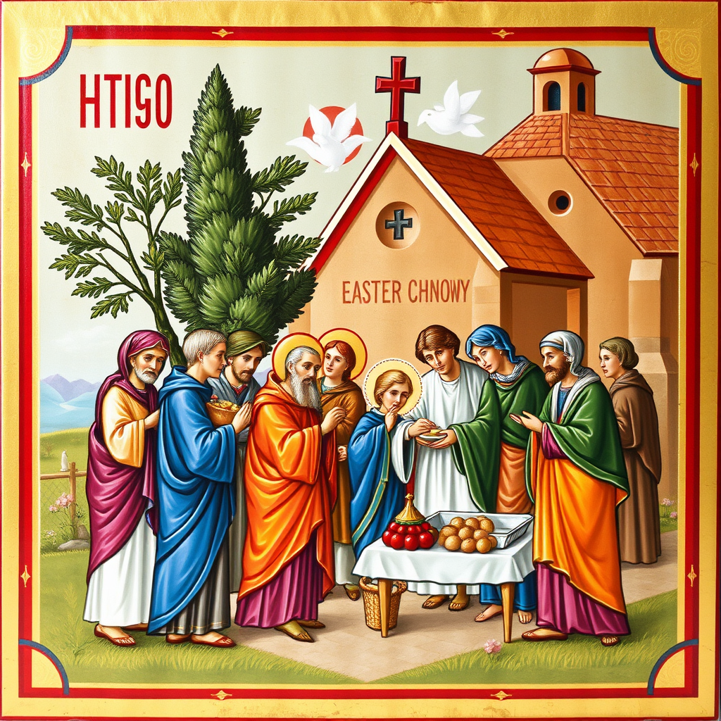 An icon showing a group of people gathered outside a church, possibly sharing food or participating in a traditional Easter Monday activity.