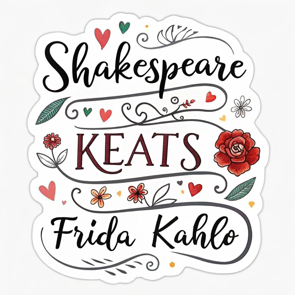 Design a series of stickers with handwritten phrases from famous love letters throughout history, such as quotes from Shakespeare, Keats, and Frida Kahlo. Use elegant calligraphy styles and decorative flourishes.