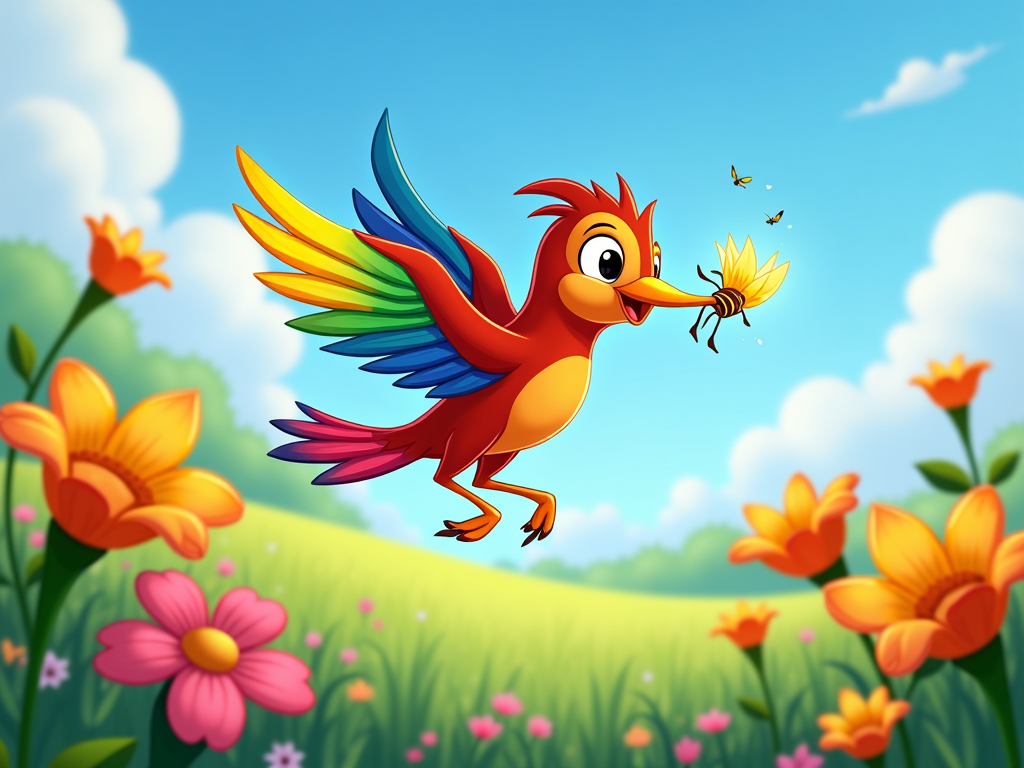 A series of short animations showcasing the Rainbow Bird's interactions with other animals, like pollinating flowers or consuming pests.