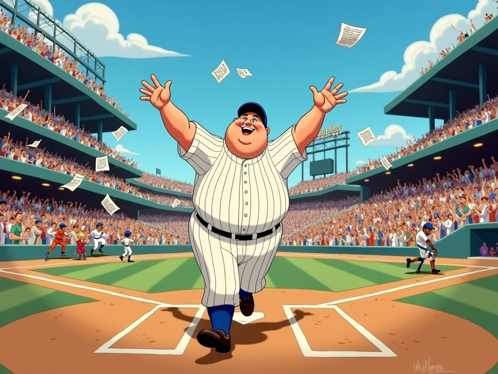 A 'moment after' scene: Babe Ruth triumphantly rounding the bases, looking towards the outfield where he pointed. The crowd is depicted in a state of frenzy, newspapers with headlines flying in the air.