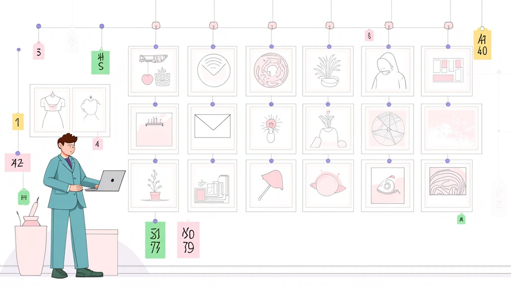 A gallery wall filled with diverse AI-generated illustrations, each in a distinct creative style (e.g., photorealistic, surreal, cubist, watercolor), with small 'tag' icons indicating AI generation, like a version number or a microchip symbol.