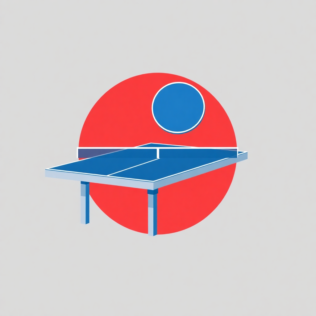 The image is a graphic illustration of a ping pong table. The table is in the center of the image, with a red circle surrounding it. The red circle has a blue circle in the middle, which is the focal point of the illustration. The blue circle is slightly larger than the red circle and is slightly smaller than the blue circle. The background is a light grey color. The image has a simple and minimalistic design, with no other elements or colors.