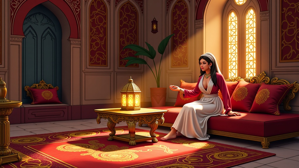 Artwork depicting a luxurious royal chamber within an Arabian palace, featuring richly patterned carpets, ornate cushions with gold embroidery, low tables with detailed metalwork, and warm light from hanging lanterns. Hint at a narrative element through a character or object.
