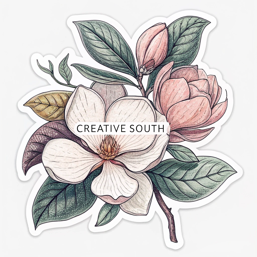 A sticker featuring a stylized magnolia blossom with the Creative South logo subtly integrated into the petals.