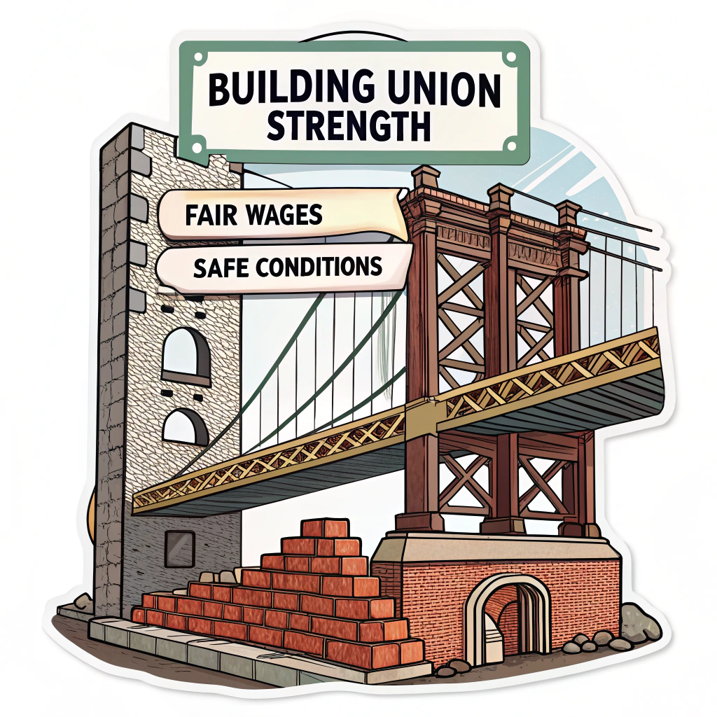 A sticker depicting a bridge being built, with each brick labeled with worker rights (e.g., 'Fair Wages', 'Safe Conditions'). Title: 'Building Union Strength'.