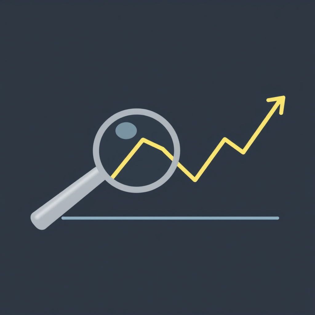 Magnifying Glass on Impact Icon: A line graph depicting economic activity over time. A magnifying glass icon is positioned over a specific segment of the graph where a tariff's impact (a sharp dip or peak post-tariff implementation line) is evident, emphasizing the analysis of economic consequences.