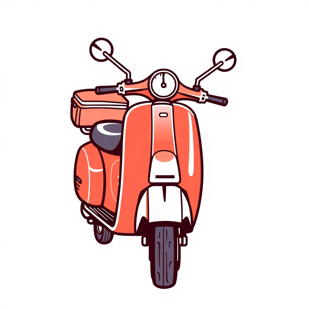 The image is a digital illustration of a red scooter. The scooter has a round headlight and two round mirrors on either side of the handlebars. The body of the scooter is orange in color and has a small basket attached to the back. The front wheel is black and appears to be in good condition. The background is white.