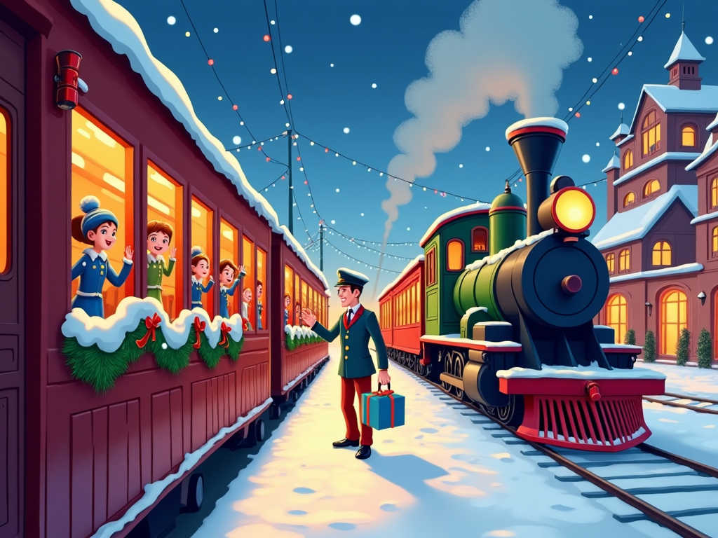 A magnificent Christmas-themed railway station where trains with snow-covered roofs wait to depart. Cartoon families in colorful attire wave from the windows. Porters load luggage wrapped like presents onto steam engines, creating the excitement of embarking on a holiday adventure.