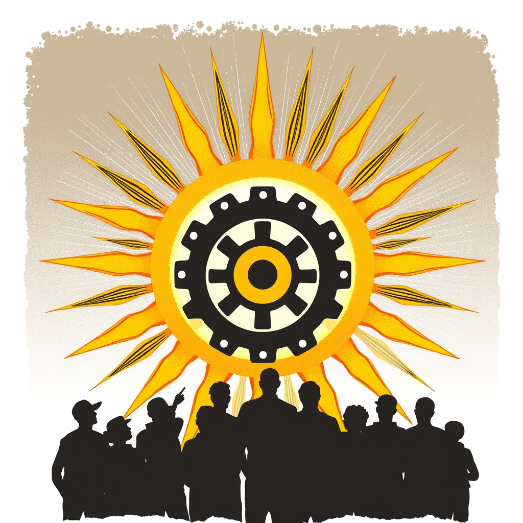 Sub Design 2 (Gear-Powered Sun): The sun's core is a prominent gear, its rays radiating outwards, symbolizing labor as the driving force for a hopeful 2025. Optional: silhouettes of diverse workers looking towards the sun.