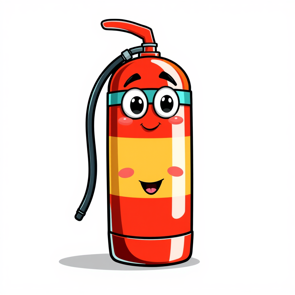 A cartoon fire extinguisher with a friendly face, perhaps with googly eyes and a smiling nozzle.