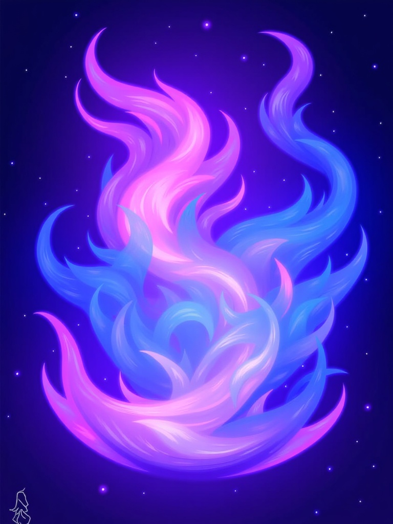 The image is a digital illustration of a pink and blue fire flame on a dark blue background with small white stars scattered around. The fire flame is in the center of the image, with the pink flame on the left side and the blue flame in the middle. The flames are curved and wavy, creating a sense of movement and energy. The colors are vibrant and the overall effect is one of energy and movement. The image has a dreamy and ethereal quality to it.