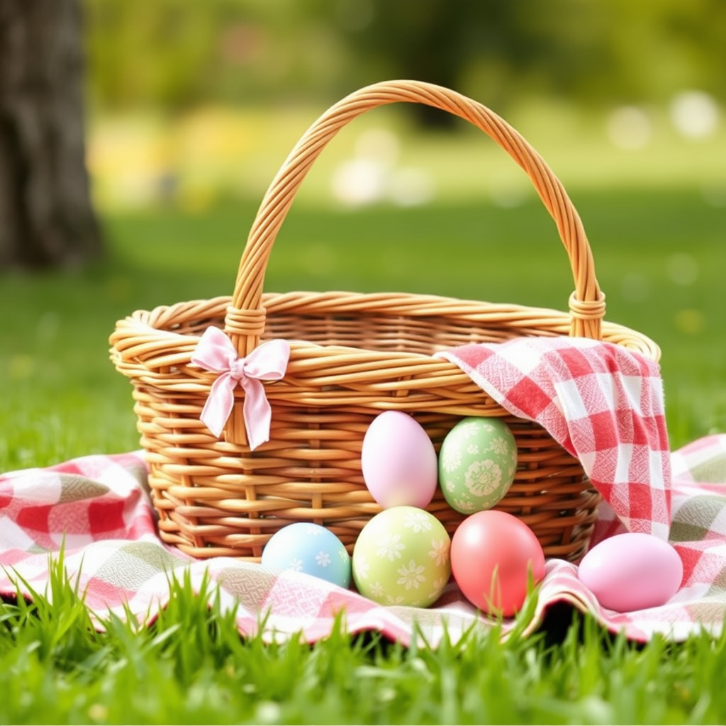 A picnic basket with Easter eggs and a blanket, symbolizing a relaxed and joyful Easter Monday picnic.