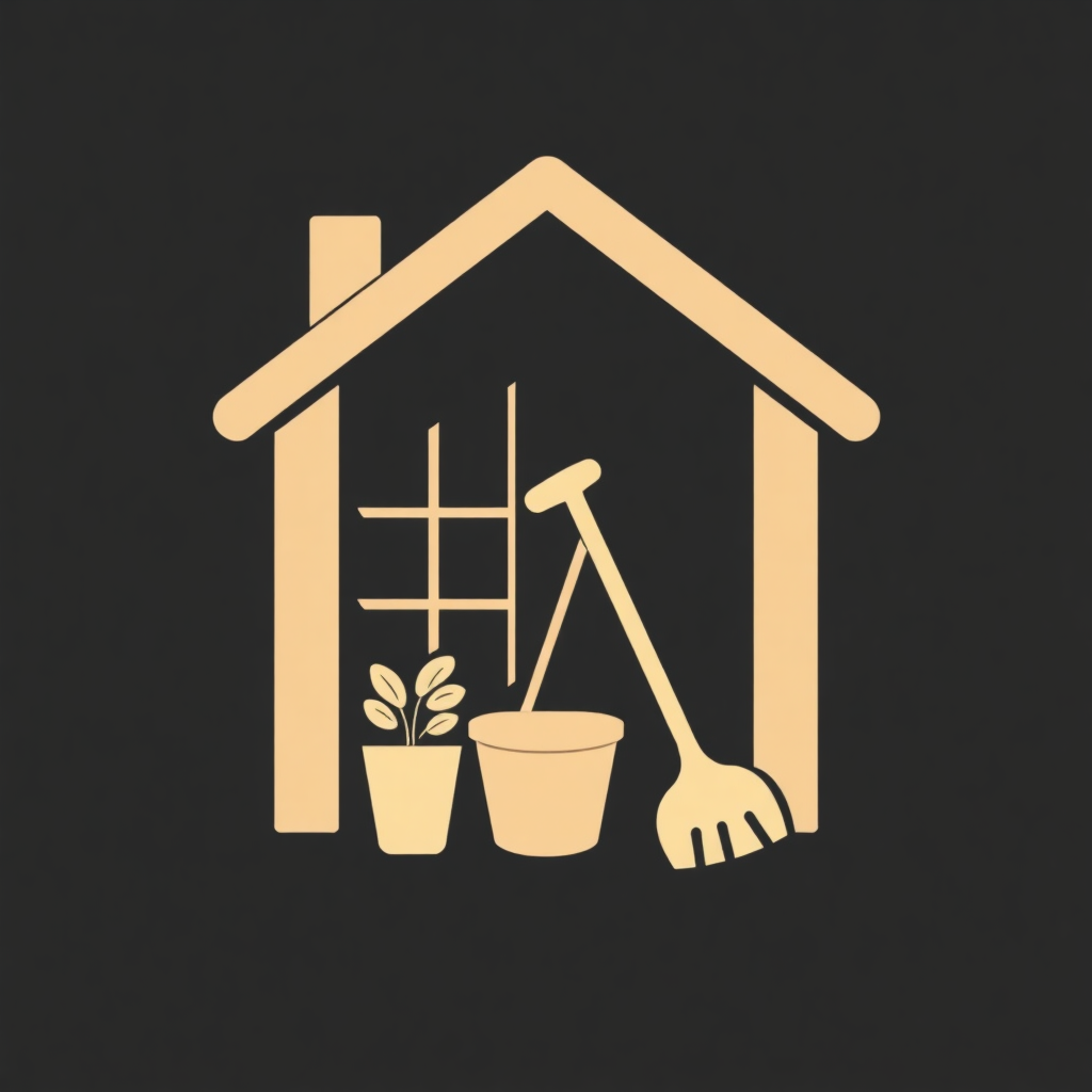 The image is a simple illustration of a house with a sloping roof and a chimney. Inside the house, there is a small potted plant with green leaves, a bucket, and a rake. The background is black, and the house is outlined in a light beige color. The illustration is simple and minimalistic, with no other elements or decorations.