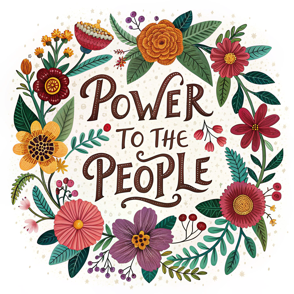 Folk Art Floral Sticker: A vibrant and richly detailed floral wreath inspired by folk art traditions, showcasing a variety of stylized flowers and leaves. The text 'Power to the People' is hand-lettered in a rustic, decorative script, adding to the handmade feel.