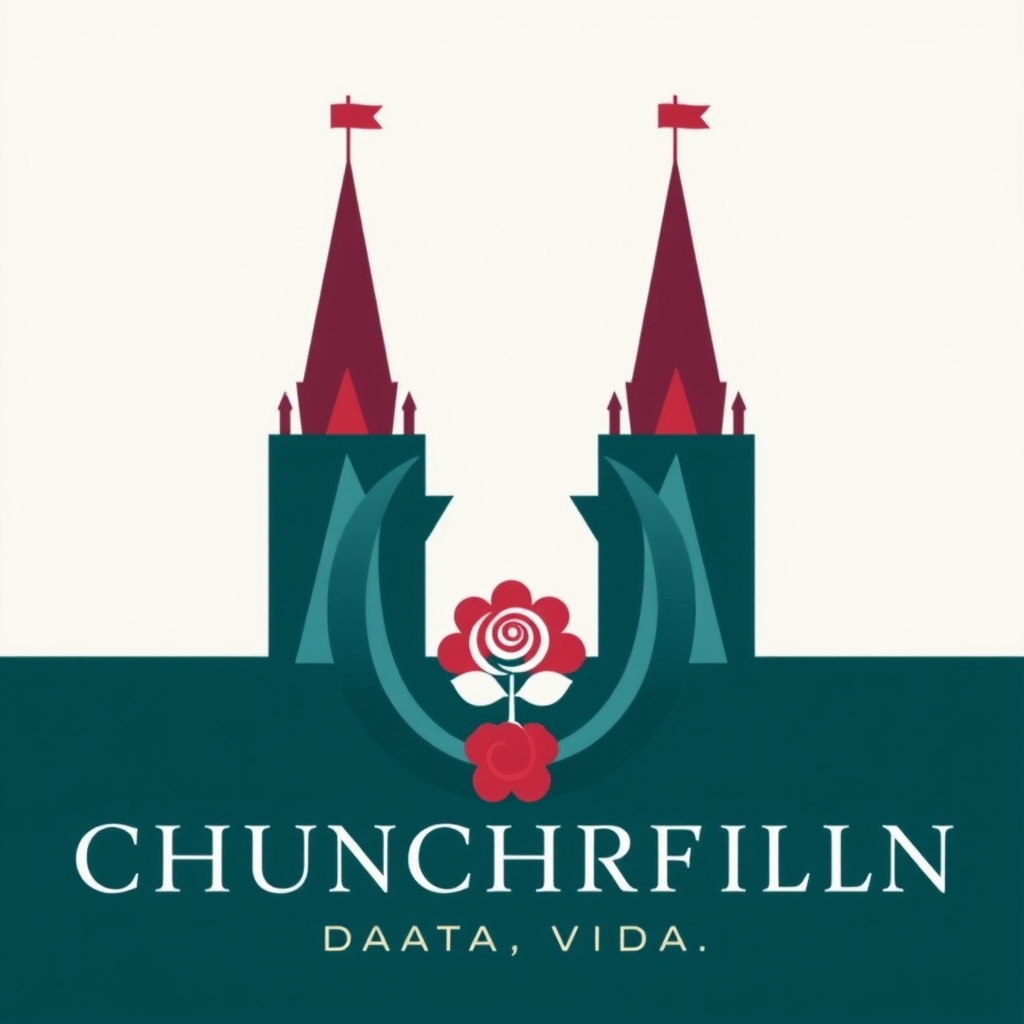 Sub-design Idea 2: Abstract Twin Spires. An abstract, geometric interpretation of Churchill Downs' iconic twin spires, perhaps merged subtly with a horseshoe shape or a rose motif, using a sophisticated palette and contemporary fonts.