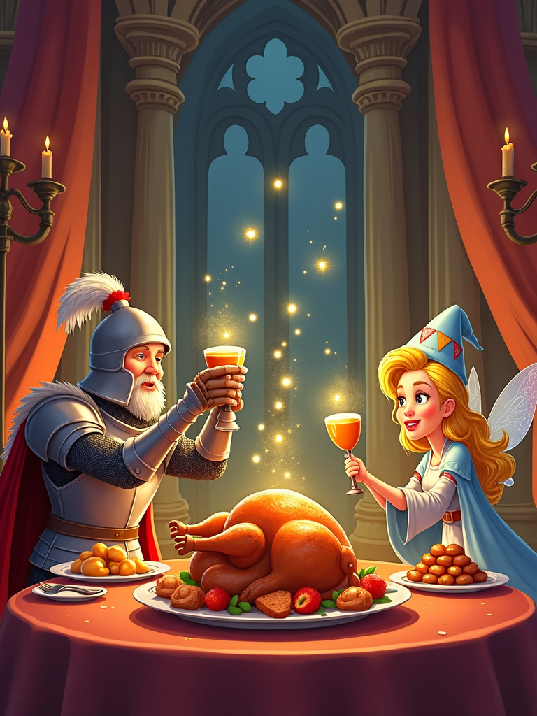 A fantasy-themed Thanksgiving cartoon featuring a whimsical dining hall in a royal castle. Medieval-styled dishes and ornate candelabras line the expansive table. Diverse characters, such as a knight, a wizard, and an enchanted fairy, enjoy the feast together, bridging realms of magic and tradition, promising an enchanting portrayal of Thanksgiving joy.