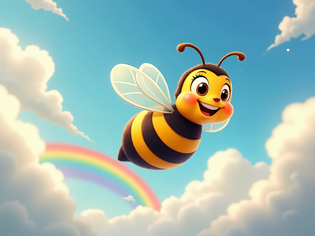 A cartoon bee underneath a rainbow, its wings flapping excitedly as it soars through fluffy clouds.