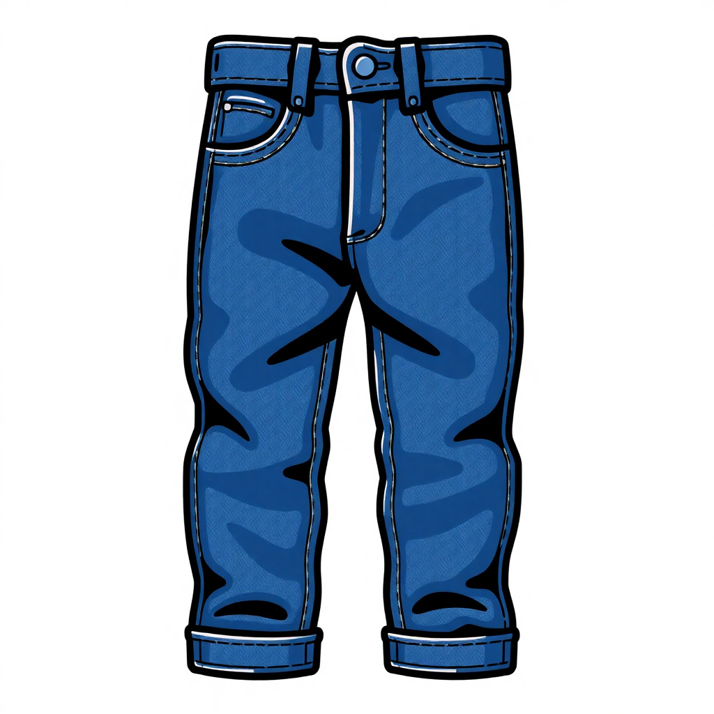 The image is a pair of blue jeans. The jeans are drawn in a cartoon-like style with a simple and minimalistic design. The front of the jeans has a belt with two buckles and two pockets on the sides. The waistband is adjustable with a button and zipper closure. The legs are slightly tapered and have a slightly flared fit. The background is white, making the blue jeans stand out.