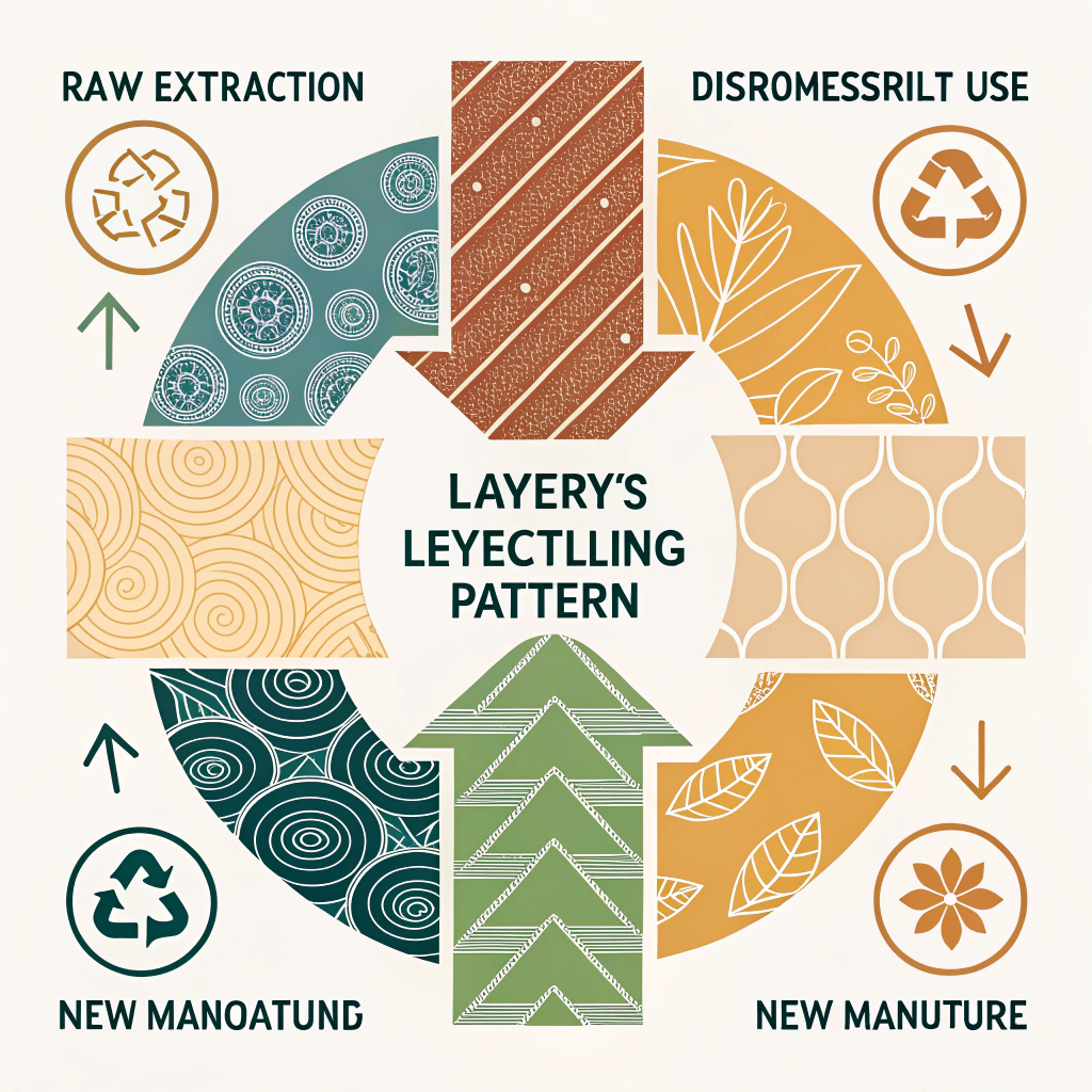 Designs featuring layered textures and evolving forms that represent the multiple lifecycles of a material, from raw extraction to product use, disassembly, recycling, and remanufacturing into new items.