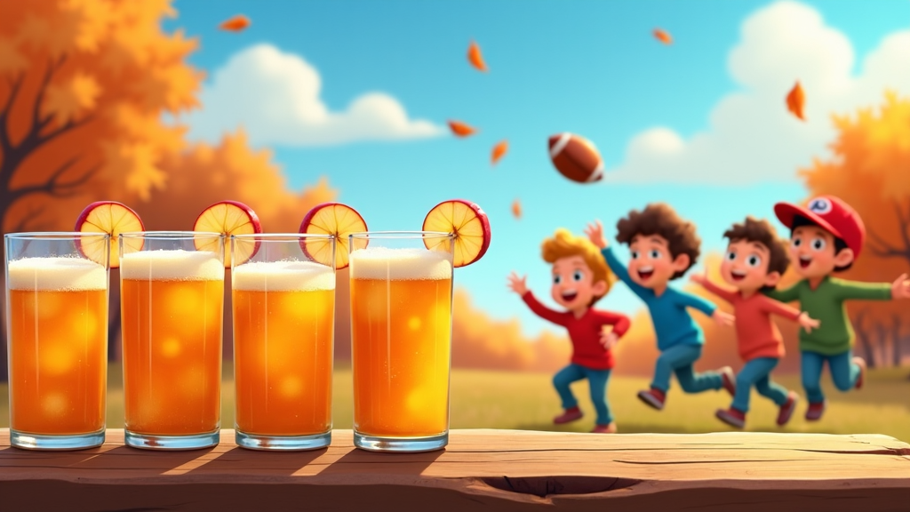 Refreshing apple ciders lined up on a table outside, overlooking kids throwing a football under the November sky.