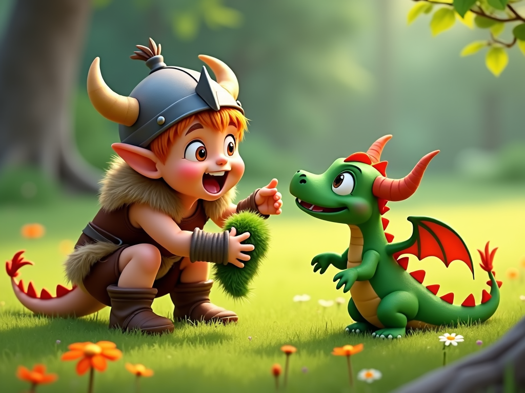 A playful Viking child with a horned helmet askew, attempting to tame a wild animal like a small dragon or a stubborn sheep.