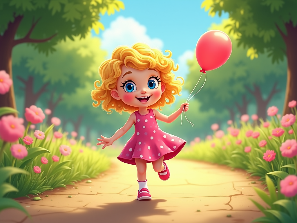  a little girl with blonde curly hair and blue eyes walking on a pathway in a park. She is wearing a pink dress with white polka dots and pink shoes. The girl is holding a red balloon in her right hand and is smiling as she walks. The pathway is lined with pink flowers and trees on both sides. The sky is blue and there are a few clouds in the background. The overall mood of the image is cheerful and playful.