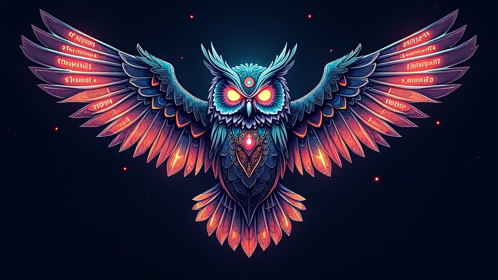 Features a stylized EDC owl with spread wings, composed of geometric patterns. Key outlines of the owl's feathers, eyes, and perhaps tribal-like markings on its body would glow. 'PLUR' and 'Unity' could be subtly integrated into the wing patterns, illuminated by the glow effect.
