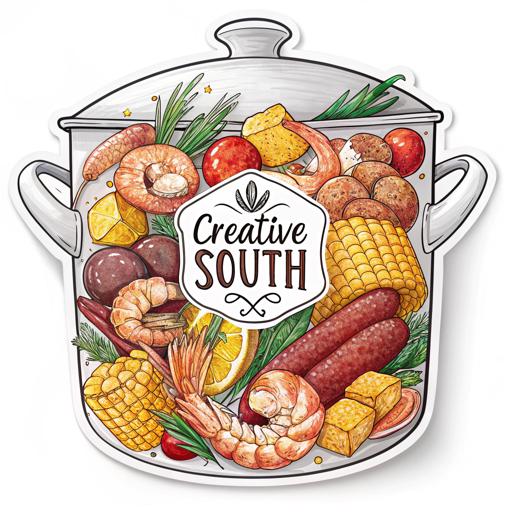 A sticker shaped like a pot, with a collage of Lowcountry boil ingredients and the Creative South logo arranged inside.