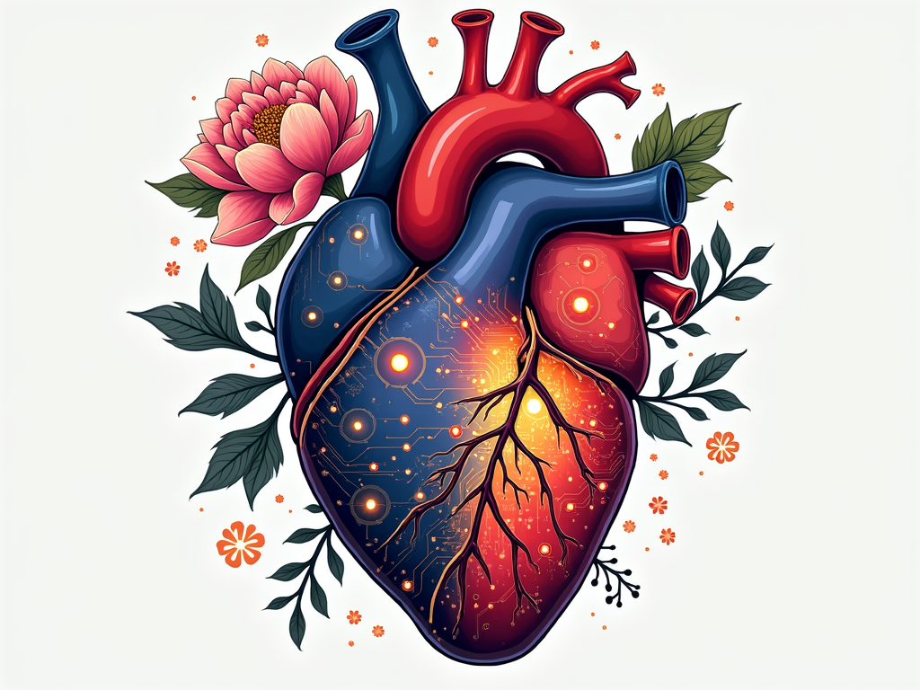 Cybernetic Garden Heart: An anatomical heart illustration where one side is adorned with blooming flowers and leaves, while the other side reveals integrated glowing circuit patterns, symbolizing passion for technology intertwined with feminine strength.