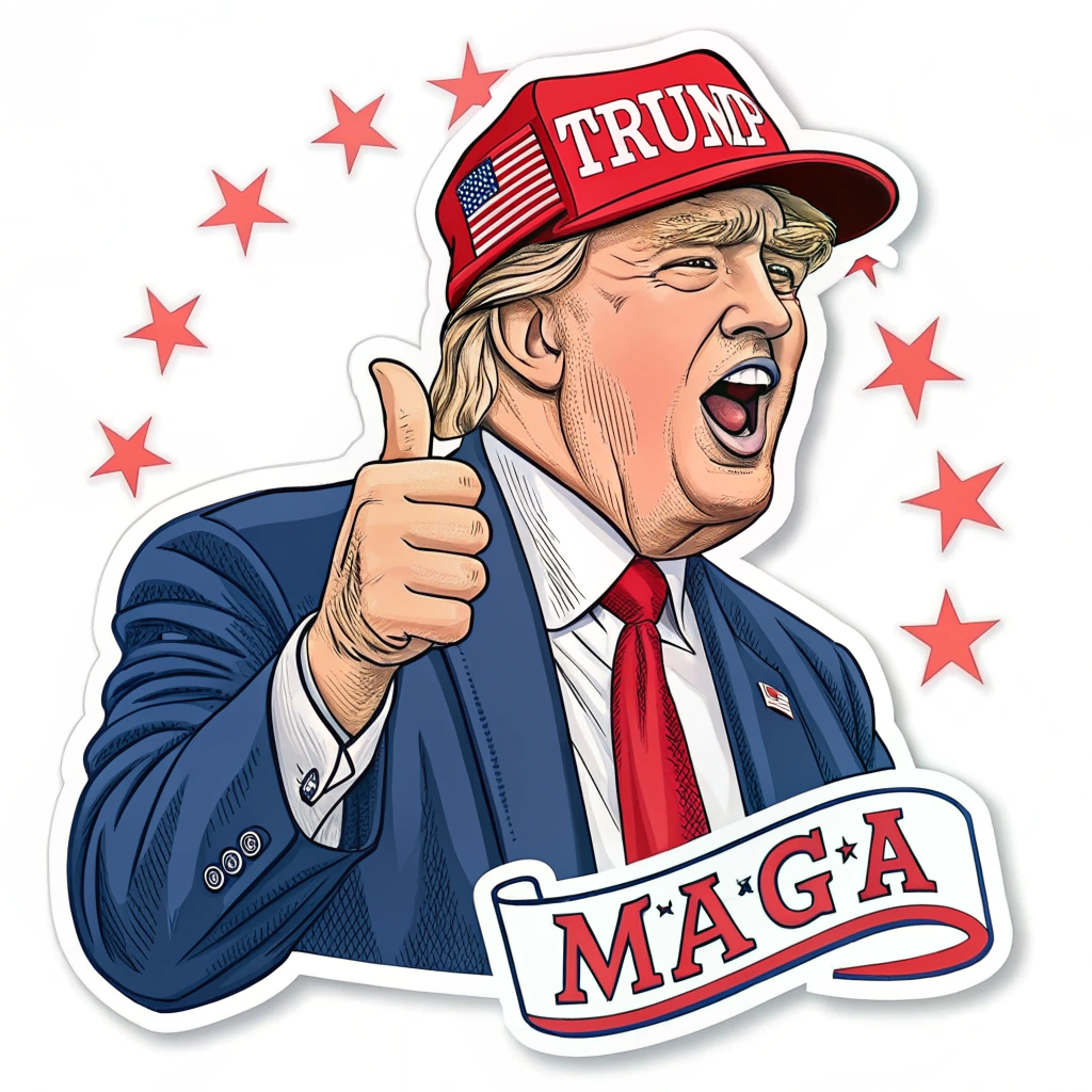 A cartoonish sticker of Trump wearing the MAGA hat with an exaggerated pose, perhaps with a thumbs-up.