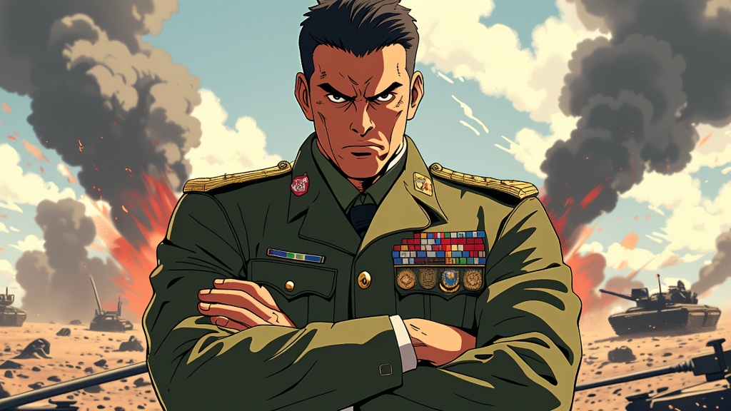 The image is an illustration of a man in a military uniform with his arms crossed in front of him. He appears to be in a battle-ready stance, with a serious expression on his face. The man is wearing a green jacket with medals and insignia on his chest, and his hair is styled in a short, spiky cut. In the background, there are several tanks and tanks on a desert-like terrain, with black smoke and flames rising from them. The sky is blue and there are a few clouds in the distance. The overall mood of the image is tense and intense.