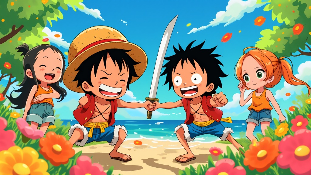 Chibi version of the Straw Hat Pirates, playfully interacting in a cheerful and cartoonized world, embodying the lighthearted side of One Piece.