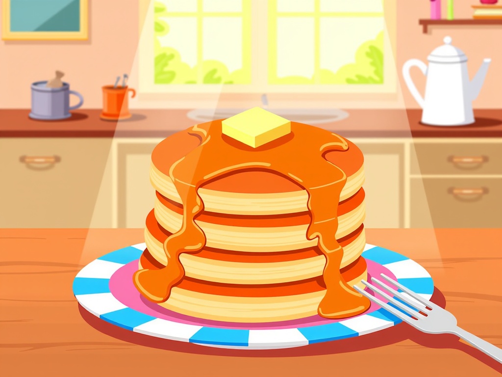  a stack of pancakes on a blue and white striped plate. The pancakes are golden brown and appear to be freshly made. On top of the stack, there is a dollop of butter and drizzled with syrup. A fork is resting on the plate next to the stack. In the background, there are kitchen cabinets and a window with a view of greenery outside. The overall color scheme of the image is warm and inviting.