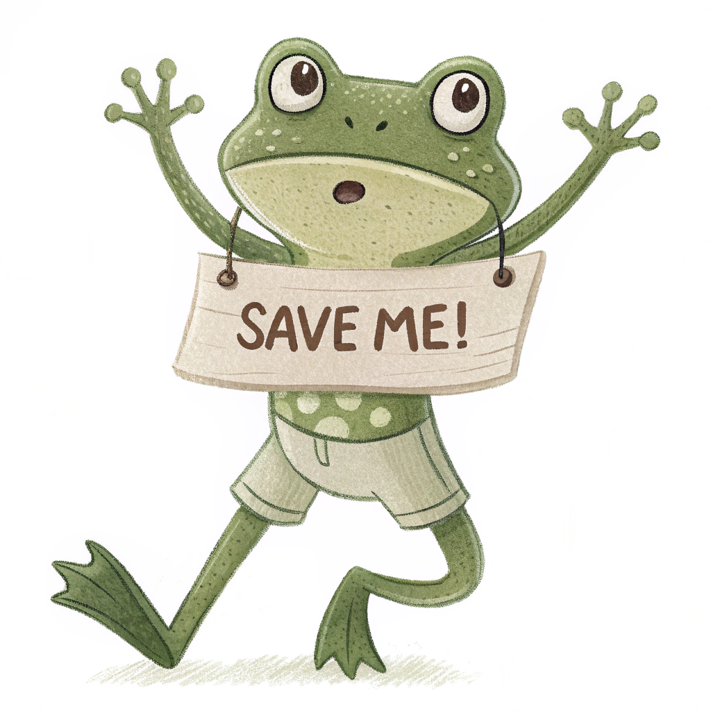 An action pose: A cute frog appearing to hop, mid-air, holding the 'Save Me!' sign aloft as if presenting an important message.