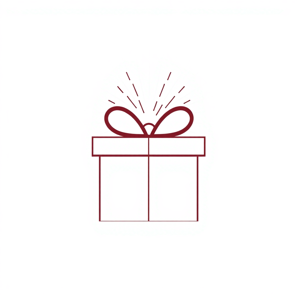 A simple outline of a gift box with a burst of radiant lines emanating from the top, symbolizing joy and the act of giving.