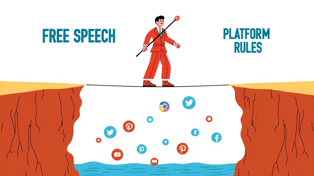 A tightrope walker carefully balancing on a rope stretched between two cliffs labeled 'Free Speech' and 'Platform Rules', with stylized social media icons visible in the chasm below.