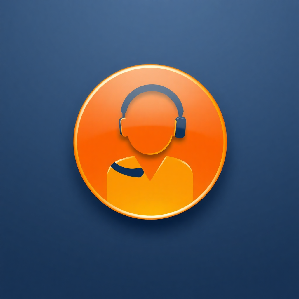 The image is a circular icon with a blue background. In the center of the icon, there is an orange circle with a person's profile picture in the middle. The person is wearing a pair of blue headphones on their head. The icon appears to be a representation of a person listening to music or a call center. The overall design is simple and minimalistic.