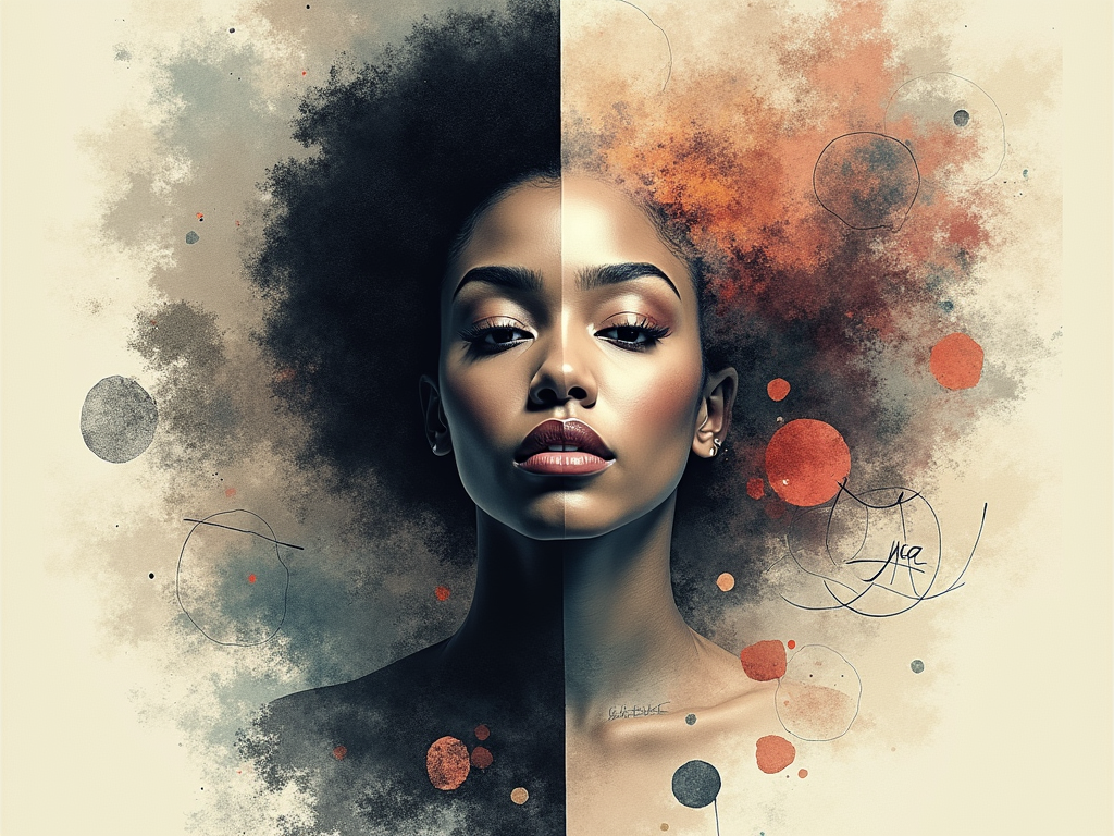 Split Canvas Convergence: Design the t-shirt with a visual split (vertical or diagonal). One side features abstract textures and shapes reflecting Kendrick's style (e.g., gritty, geometric, darker tones), while the other reflects SZA's (e.g., ethereal, organic, lighter/dreamy tones). These distinct visual languages converge or blend in the center, creating a unique, harmonious abstract composition.