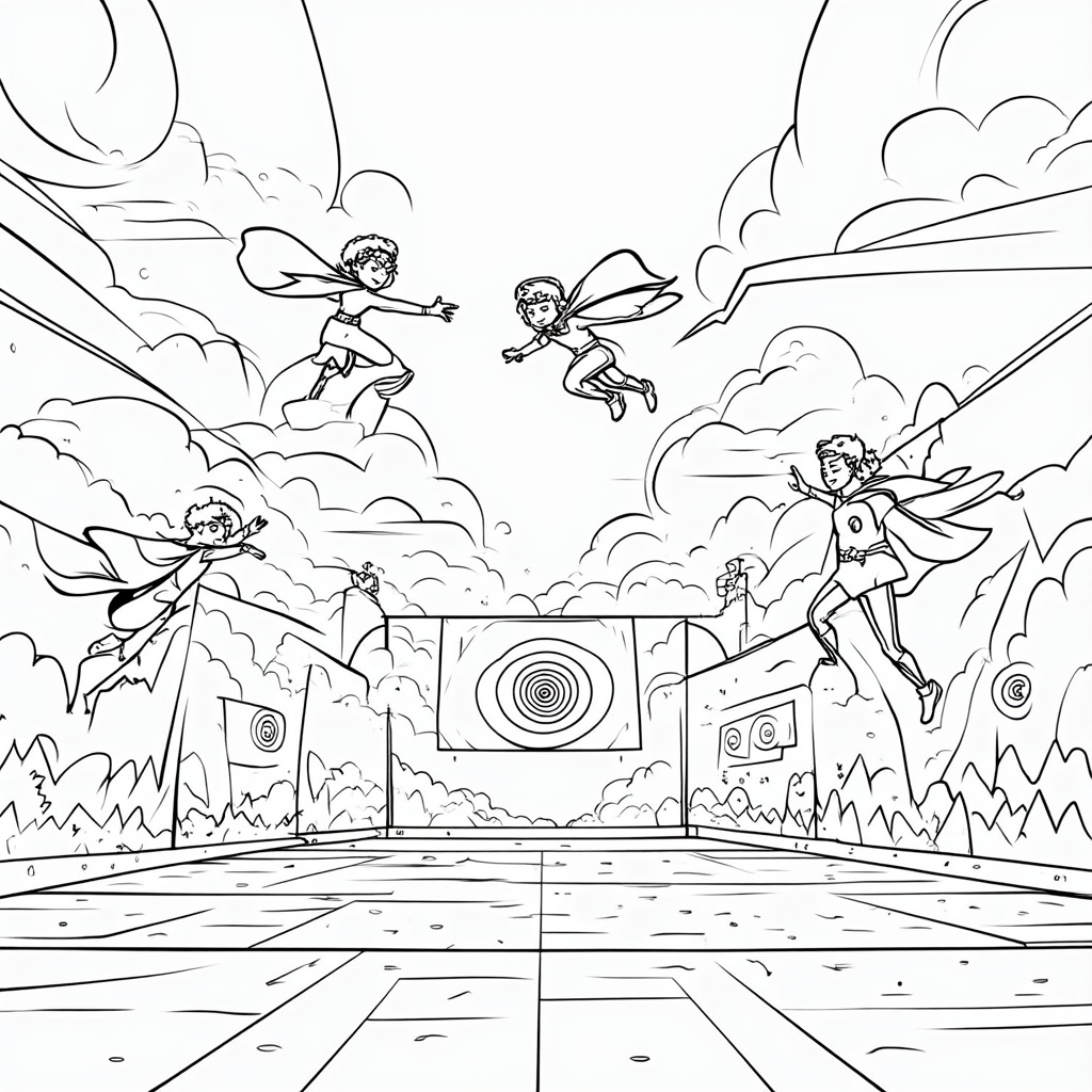 Young superheroes practicing flight maneuvers in an outdoor training area with clouds and targets.