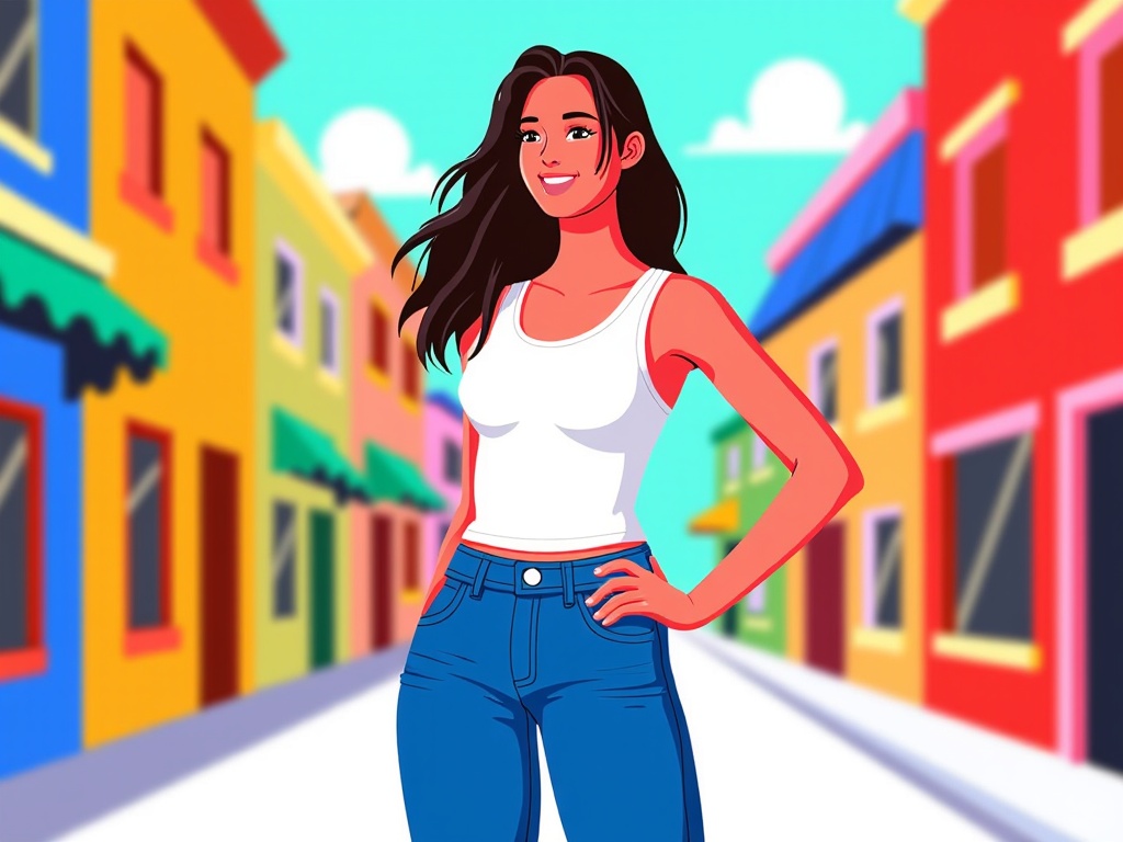 The image is an illustration of a young woman standing on a street in a colorful city. She is wearing a white tank top and blue jeans. She has long dark hair and is smiling at the camera. The street is lined with colorful buildings on both sides, and the sky is blue with white clouds. The buildings are painted in a variety of colors, including red, yellow, green, blue, and orange. The woman is standing with her hands on her hips and appears to be confident and happy.