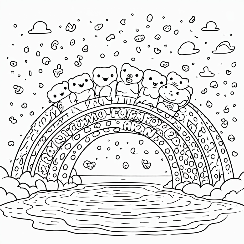 Gummy Bears having a 'Jellybean Rainbow Slide' party, sliding down a massive rainbow made of cascading jellybeans into a pool of marshmallow fluff.