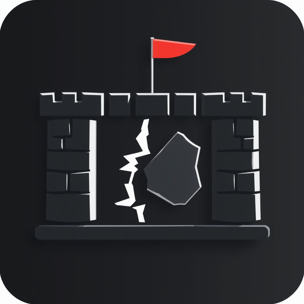 An abstract representation of a fortress or secure boundary with a visible breach being repaired or reinforced with a contrasting element, symbolizing vulnerability patching.
