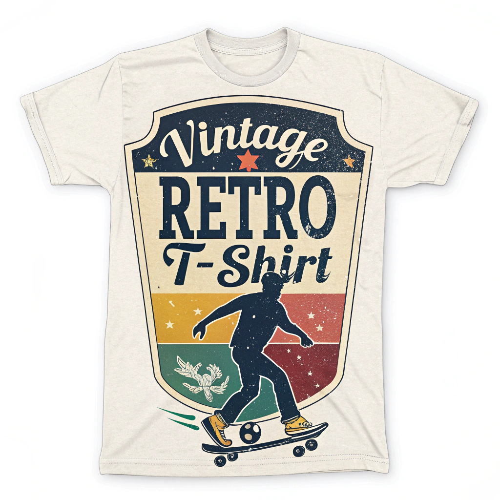 The image is of a white t-shirt with a vintage retro design on the front. The design features a shield-shaped logo with the words Vintage Retro T-Shirt written in a bold, cursive font. Inside the shield, there is an illustration of a skateboarder in mid-air, with their skateboard in hand. The background of the shield is a gradient of orange, yellow, and green, with a red star in the center. The overall style of the design is retro and vintage.