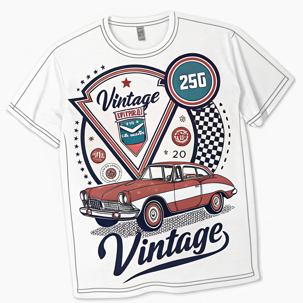 The image is of a white t-shirt with a graphic design on the front. The design features a vintage car with a red and white checkered pattern on the hood and a blue and white striped background. The car is in the center of the design, with the words Vintage written above it in a cursive font. Below the car, there is a banner with the number 250 and the year 20 written in a smaller font. The banner also has a red star in the top left corner and a banner in the bottom right corner. The overall design has a retro and vintage feel to it.