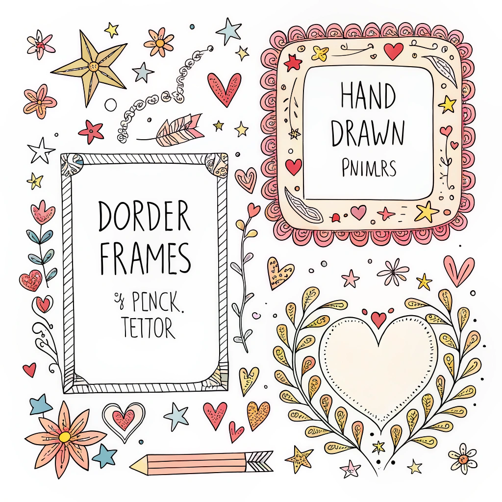 Hand-Drawn Doodle Frames: Quirky, imperfect borders featuring a hand-sketched aesthetic with playful elements like stars, hearts, arrows, or abstract squiggles. Options for 'marker' or 'pencil' textures to enhance the artistic feel.